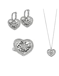BRI Jewelry Sterling Silver Textured Flat Heart Shape With Black Vine Design And Clear Cubic Zirconia Set - Pendant - Earring
