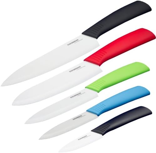 Toponeware CKBKBEGNRDBK34567 5-Piece Ceramic Knife Set, Blue/Green/Red/Black