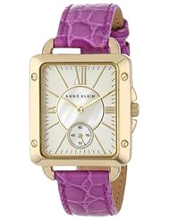 Anne Klein Womens AK/1402MPMB Rectangular Gold-Tone Mulberry Purple Leather Strap Watch