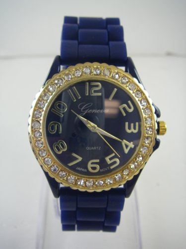 Ladies Dress Watch with Dark Blue Silicone Band - Womens Fashion Watch with Rhinestone Gold Bezel