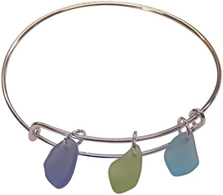 Sea Glass Expandable Bangle Bracelet With Light Blue, Aqua and Light Green Sea Glass