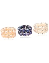 White, Black and Pink Freshwater Cultured Pearl Two-Row Stretch Ring with Sterling Silver Beads, Set of 3