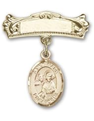 Gold Filled Baby Badge with St. Mark the Evangelist Charm and Arched Polished Badge Pin