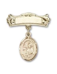 14K Gold Baby Badge with St. Mark the Evangelist Charm and Arched Polished Badge Pin