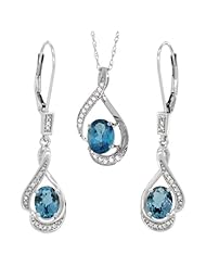 14K White Gold Natural London Blue Topaz Lever Back Earrings & Pendant Set Diamond Accent