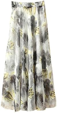 Kaxuyiiy Women's Chiffon Floral Beach Elastic Waist Maxi Long Pleated Skirt (Black Chinese Painting)