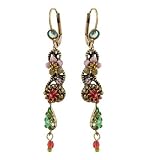 Michal Negrin Earrings with Hand-Painted Flowers, Beads, Green Tear Drops, Green, Red and Yellow Swarovski Crystals