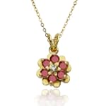 Yellow Gold Plated Sterling Silver Ruby and Diamond Flower Pendant, 18"