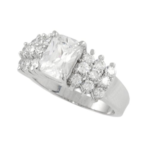 Sterling Silver Emerald Cut CZ Ring with CZ Stone on Band