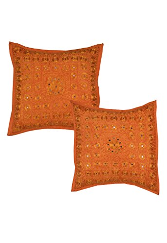 Imagen 4 de Hecho a mano Decoración del hogar indio Algodón Zari de oro y Trabajo Mirror Cojín tamaño del conjunto de 16 x 16 pulgadas Juego de 2 piezas
