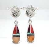 Ray Tracey Sterling Silver Flower and Sunrise Earrings with Turquoise and Spiny Oyster Inlay, #8542