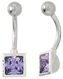 Belly Button Ring with Amethyst Princess Cut Cubic Zirconia on Sterling Silver Setting