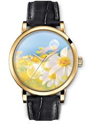 SPRAWL Aanalog Fashion Series Gold Ladies Watches of Genuine Black Leather Strap,Unique Wrist Watch for Women Girls Designed with Happy flowers in the field