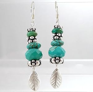 Southwestern Turquoise Gemstone Bead and Leaf Dangle Earrings in Sterling Silver #8844
