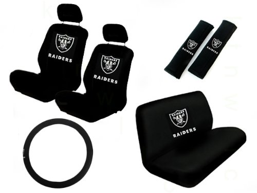 Best Price 11 Piece NFL Auto Interior Gift Set - Oakland Raiders - A Set of 2 Seat Covers, 1 Rear Bench Cover, 1 Steering Wheel, and A Set of 2 Seat Belt Pads