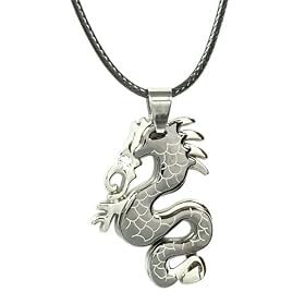 Stainless Steel Dragon Pendant with CZ - 4cm Long - 19 Inch Black Thong - Gift Boxed (P2)