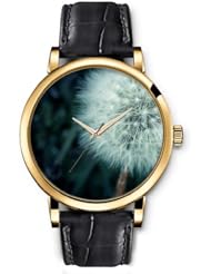SPRAWL Aanalog Fashion Series Gold Ladies Watches of Genuine Black Leather Strap,Unique Wrist Watch for Women Girls Designed with Dandelion