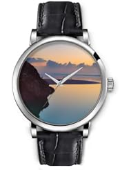 SPRAWL Aanalog Fashion Series Silver Ladies Watches of Genuine Black Leather Strap,Unique Wrist Watch for Women Girls Designed with Landscape