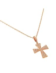 Sterling Silver Rose Gold Plated Pave Cz Cross Necklace 16 Inch Plus 1 Inch Adjustable