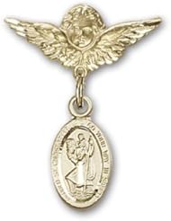 14K Gold Baby Badge with St. Christopher Charm and Angel with Wings Badge Pin