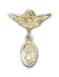 Gold Filled Baby Badge with St. Christopher Charm and Angel w/Wings Badge Pin