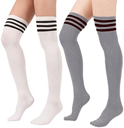 Shining Tower Women Warmers Athlete Stockings Over the Knee High Socks White&amp;Grey/2 Pairs