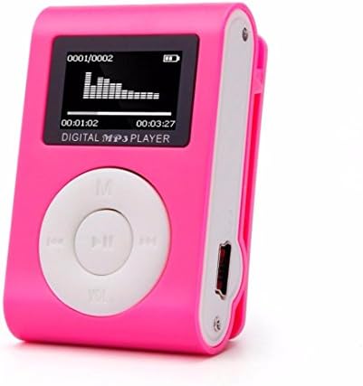 Efitty Mini USB Clip MP3 Player LCD Screen Support 32GB Micro SD TF Card(Hot Pink)