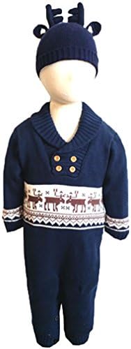 Annisking Newborn Baby Girl Knitted Sweater Velvet Jumpsuit + Hat Dark Blue 12-18 Months