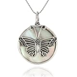 Sterling Silver Marcasite Butterfly and Mother-of-Pearl Pendant, 18