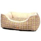 Alpha Pooch Cuddler Rectangular Bolster Dog Bed, Red and Tan Plaid Fabric with Natural Synthetic Lambskin, Large