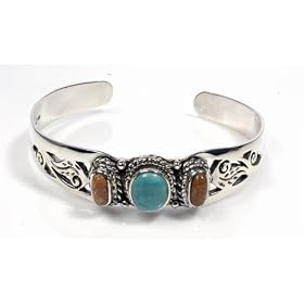 STERLING SILVER BANGLE BRACELET with Turquoise Coral by Toltec Trading Company
