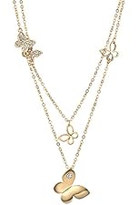 Gold plated double strand gold-tone butterfly strands necklace,long pendant necklace-NGG179