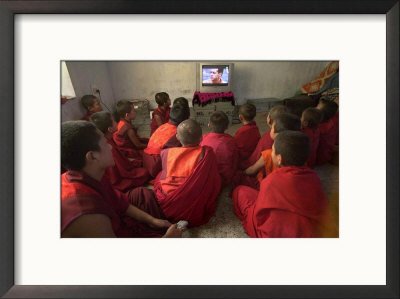 Young Monks Watch a Bollywood Movie at a Monastery Framed Photographic Poster Print, 21x17