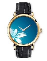 SPRAWL Aanalog Fashion Series Gold Ladies Watches of Genuine Black Leather Strap,Unique Wrist Watch for Women Girls Designed with Shading a lily on blue background