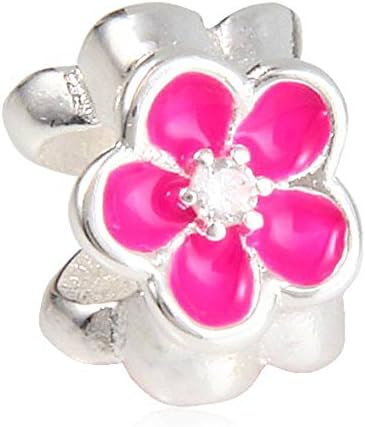 Choruslove Pink Cherry Flower with Zircon Stone Enamel 925 Sterling Silver Three Sided Bead for European Woman Bracelet Jewelry
