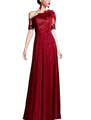 A-line Cocktail Floor Length One Shoulder Elbow Length Sleeves Satin Sequined Applique Homecoming Dress/Pageant Dress/Prom Dress/Party Dress/Wedding Dress 