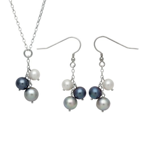 .925 Sterling Silver Multicolor Black Freshwater Pearl Necklace and Earrings Set QSET-10338MK-AM