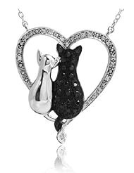 New! ASPCA Tender Voices Silver Black and White Diamond Double Cat Heart Necklace (1/3 cttw)