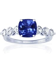14K White Gold Cushion Cut Blue Sapphire Ring With Sidestones