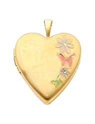 14K Yellow Gold Butterfly Enamel Engraved Heart Locket Pendant (0.8" Inches or 20mm)