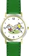 Girl Soccer Players Soccer or Fussball Theme - WATCHBUDDY&reg; DELUXE TWO-TONE THEME WATCH - Arabic Numbers - Green Leather Strap-Children's Size-Small ( Boy's Size & Girl's Size )