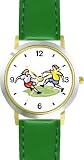 Girl Soccer Players Soccer or Fussball Theme - WATCHBUDDY&reg; DELUXE TWO-TONE THEME WATCH - Arabic Numbers - Green Leather Strap-Children's Size-Small ( Boy's Size & Girl's Size )