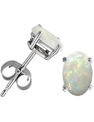 Tommaso Design (tm) Oval Genuine Opal Earrings Studs in 14 kt White Gold