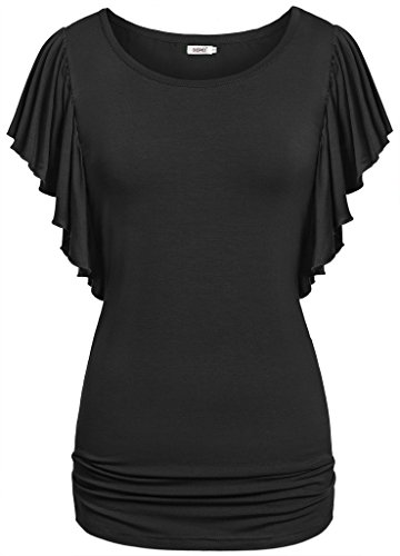 Bepei Shirts, Women's Short Batwing Pleated Sleeves Scoop Neck Tunic Tops