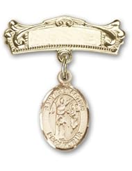 Gold Filled Baby Badge with St. Sebastian Charm and Arched Polished Badge Pin
