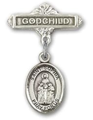 Sterling Silver Baby Badge with St. Sophia Charm and Godchild Badge Pin