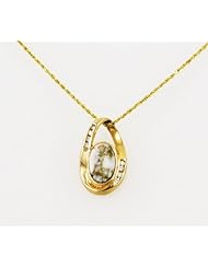 Gold Quartz and Solid 14 Karat Gold Open Oval and Diamond Eternity Pendant with 18" Solid 14 Karat Gold Rope Chain -Mined in California