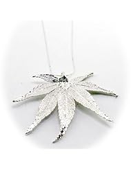Silver Plated Japanese Maple Real Leaf Pendant Sterling Silver Serpentine Chain Necklace