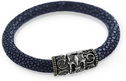 Dark Blue Stingray Leather Bracelet With Fleur De Lis Magnetic Lock - 8 Inches