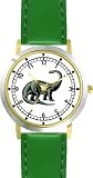 Brontosaurus - Green Dinosaur Animal - WATCHBUDDY&reg; DELUXE TWO-TONE THEME WATCH - Arabic Numbers - Green Leather Strap-Size-Large ( Men's Size or Jumbo Women's Size )